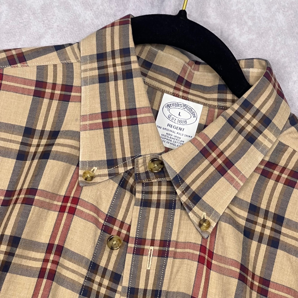 Brooks Brothers Button Down Shirt Mens Large Tan Plaid Regent Non-Iron Cotton